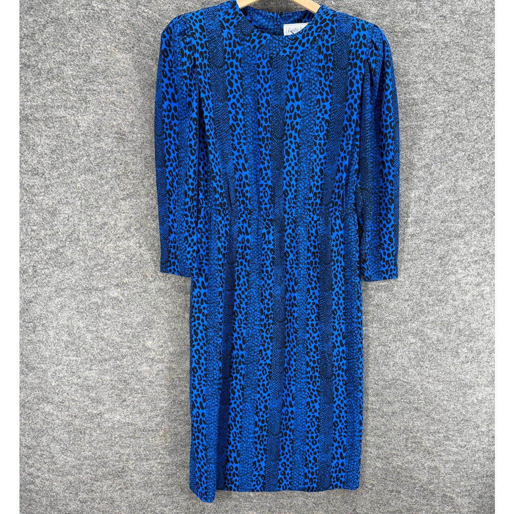 Leslie Fay Royal Blue & Black Long-Sleeve Animal Print Dress
